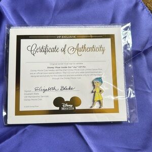 Joy pin from inside out, Disney. New and package never opened.